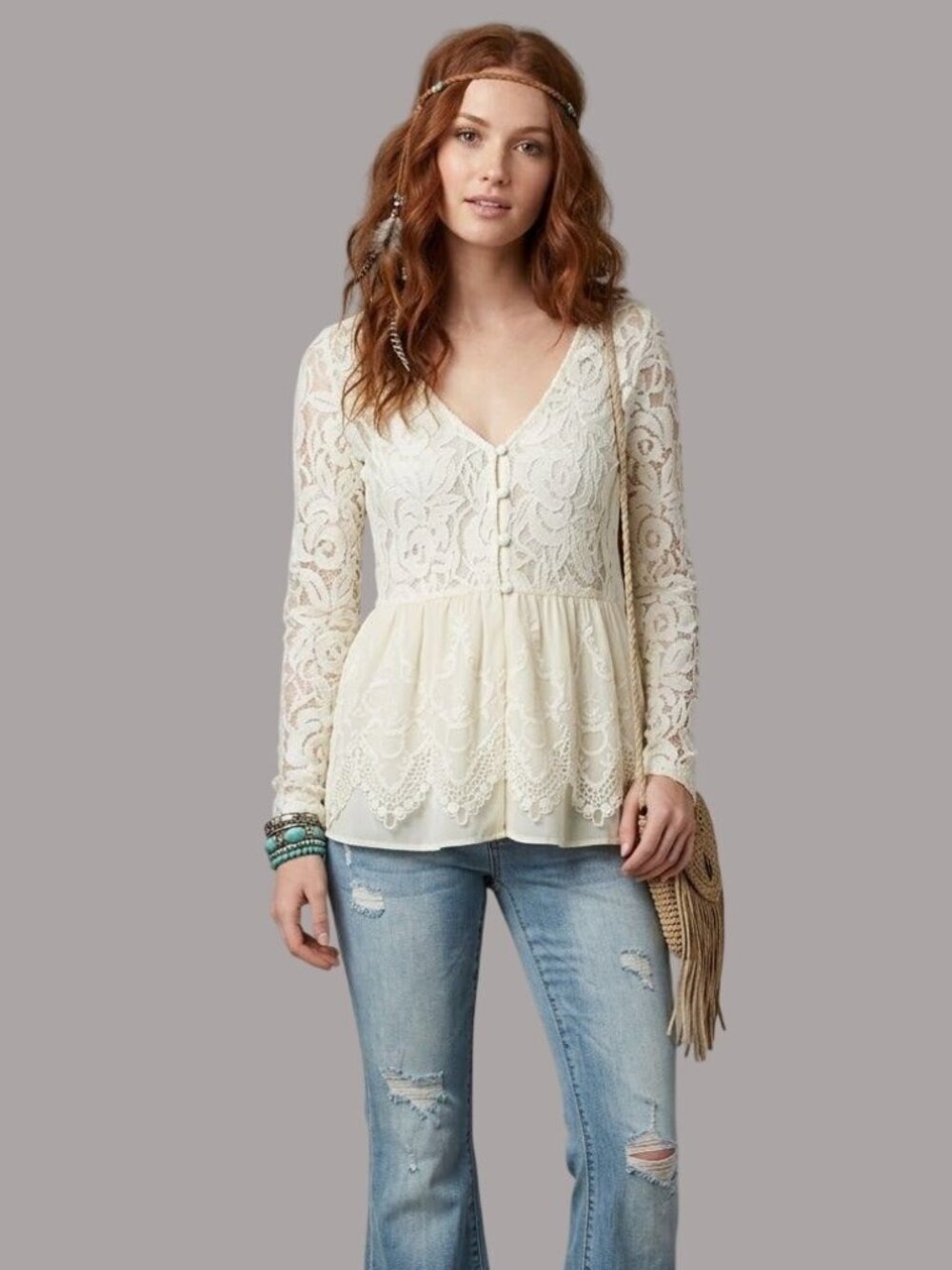 Lace Long Sleeve Cream Peplum Blouse Womens Medium
